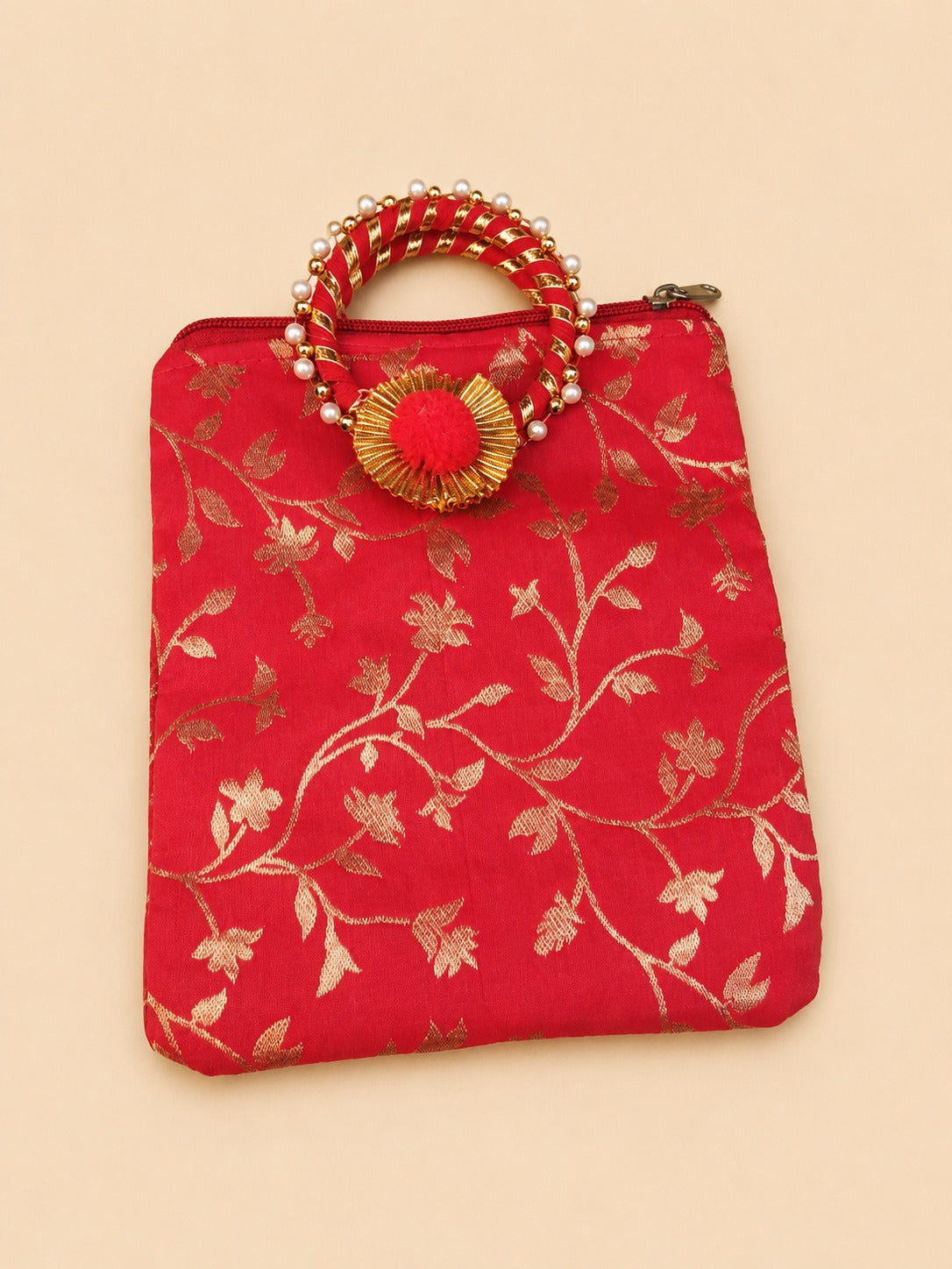 Red Gold Floral Embellished Potli Bag