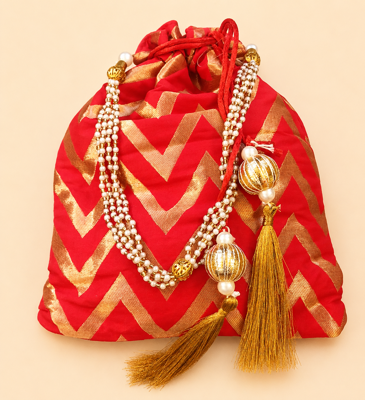 Red Chevron Pearl Potli Bag