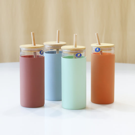 Glass tumbler with wooden lid and silicone cover with Bamboo straw