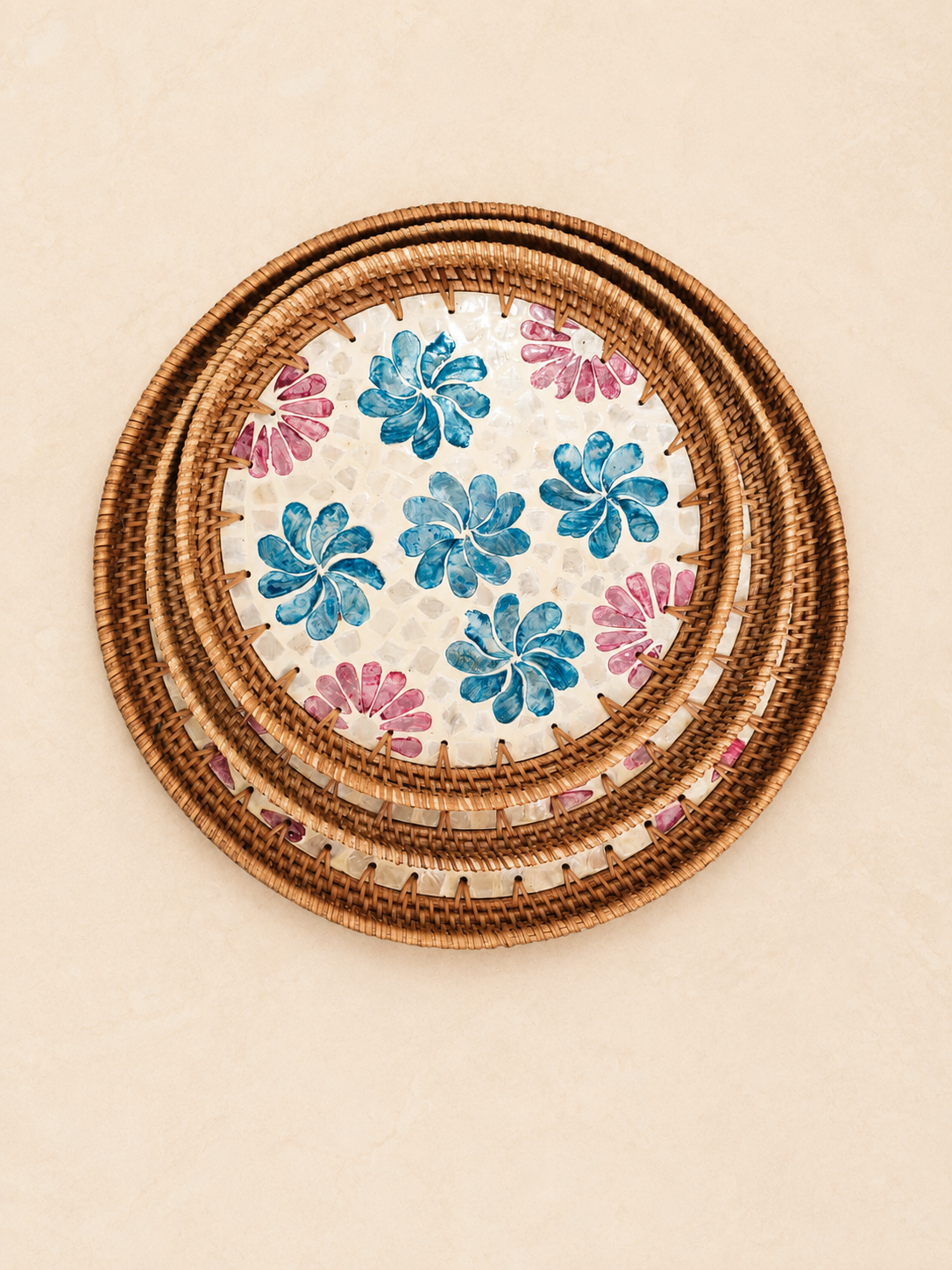 Handcrafted Rattan Floral Serving Tray (Set of 4)