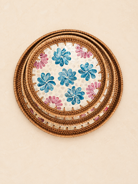 Handcrafted Rattan Floral Serving Tray (Set of 4)