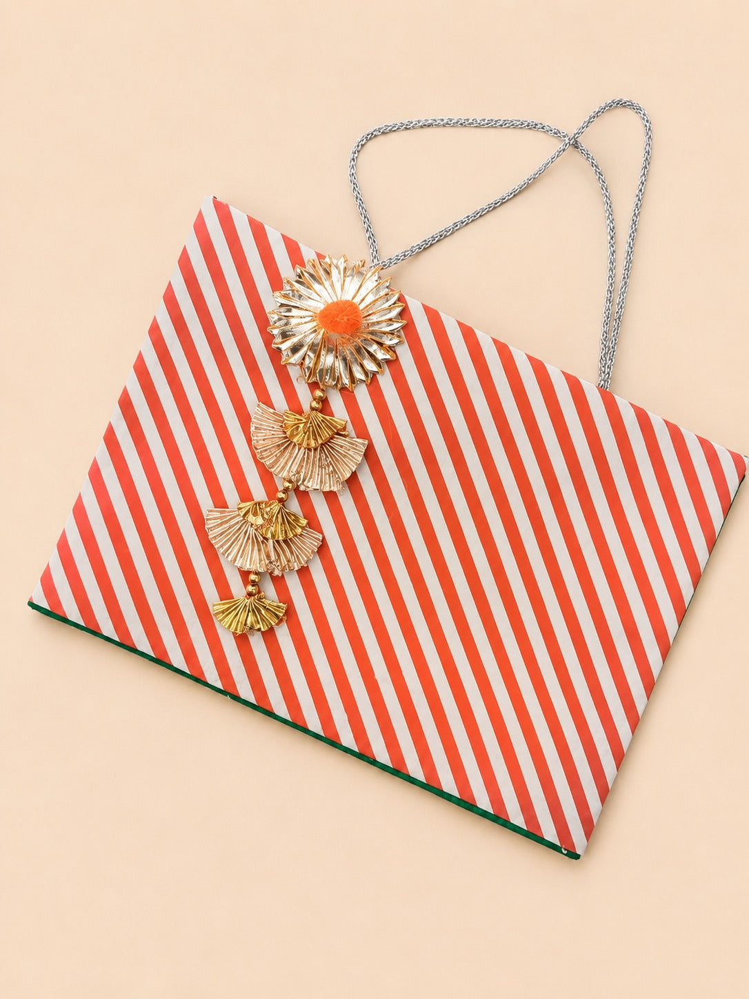 Red & White Striped Embellished Envelope Bag