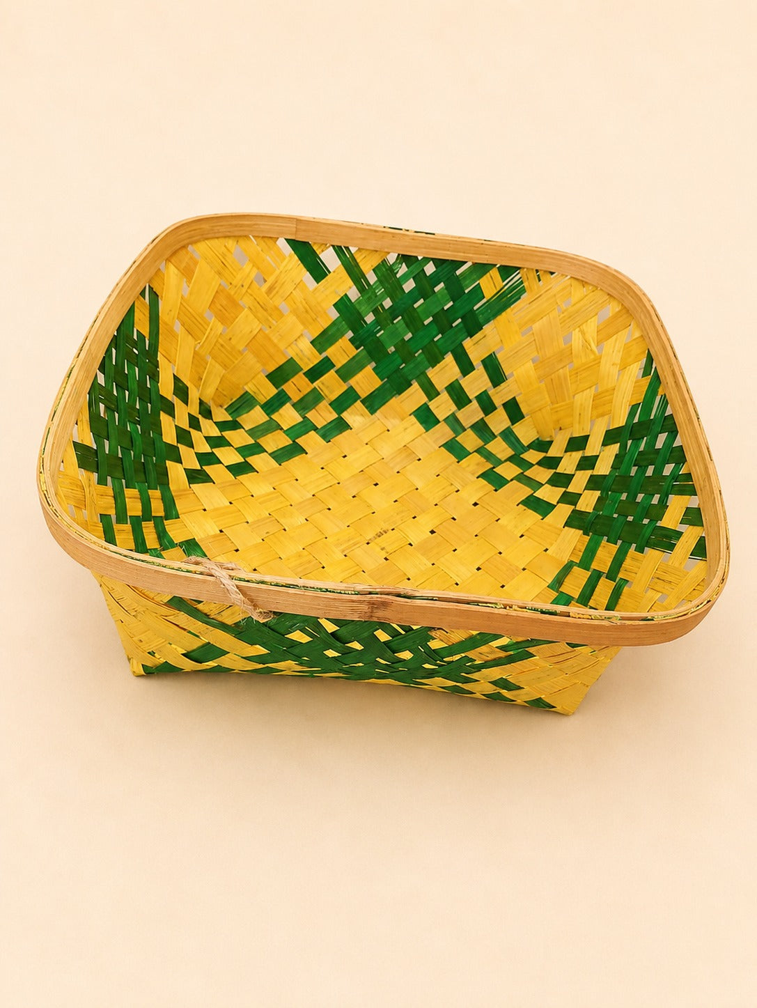 Handwoven Green & Yellow Bamboo Basket