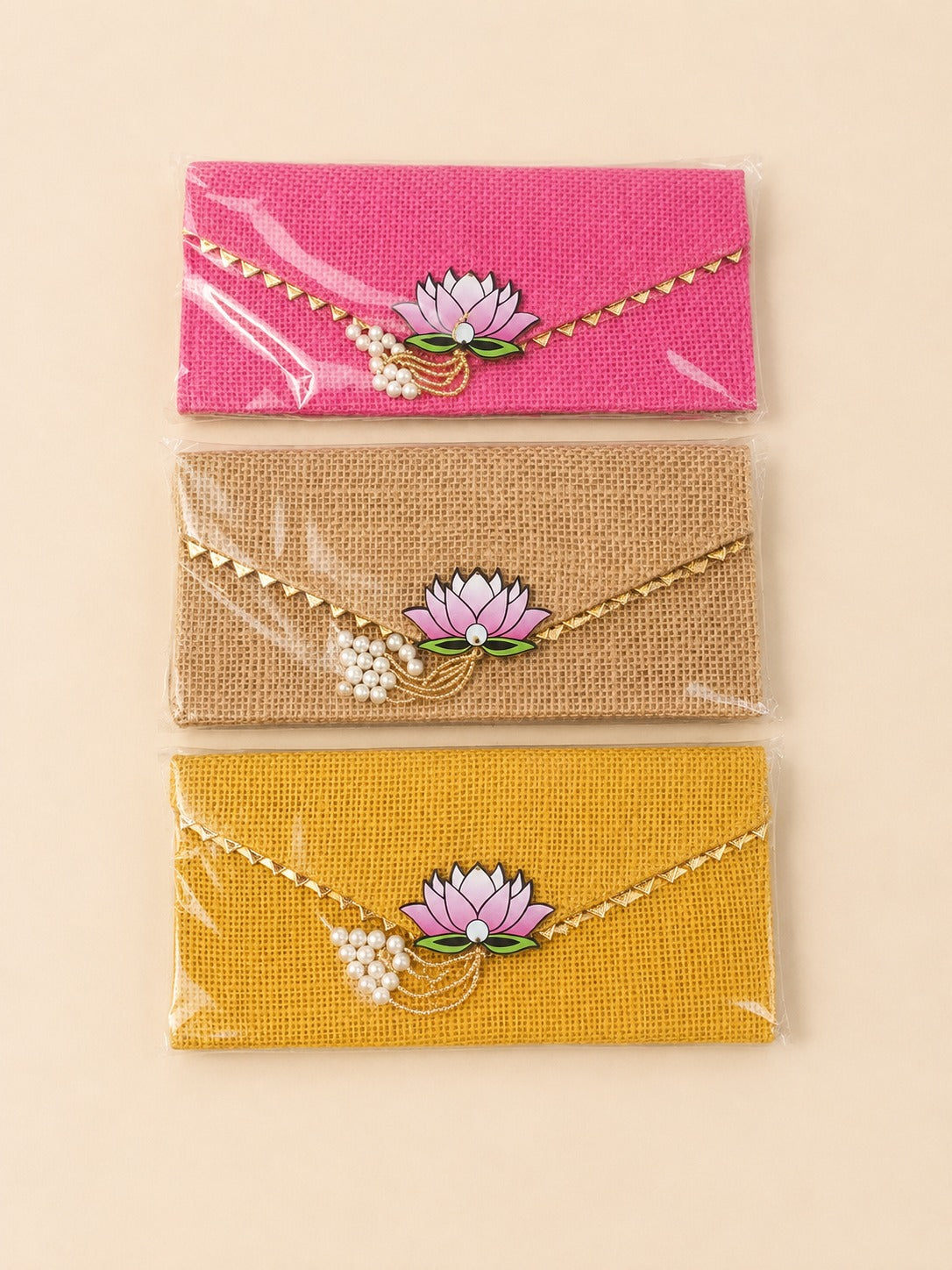 Lotus Embellished Jute Envelope Clutch Set