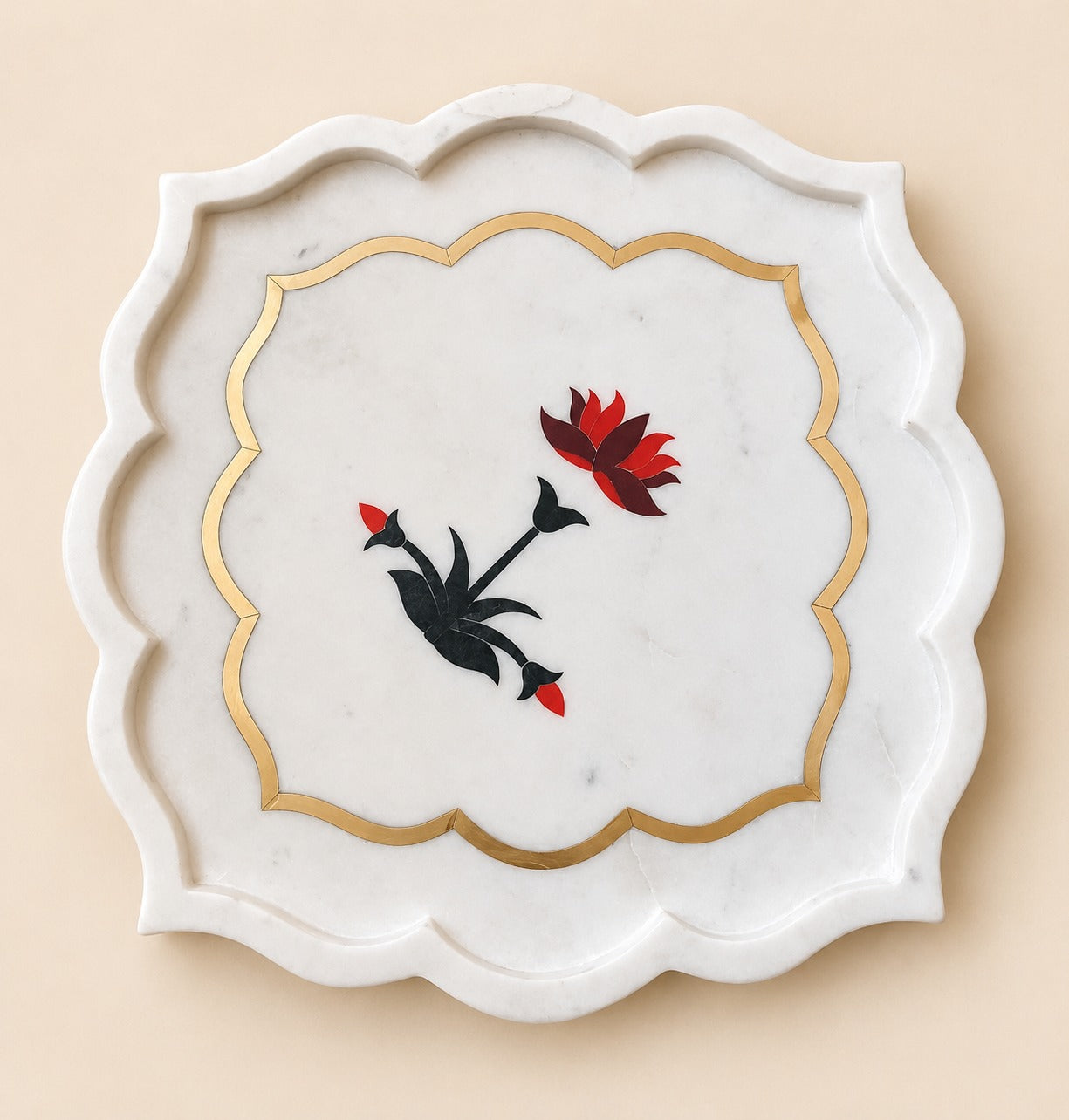 White Marble Floral Inlay Decorative Tray