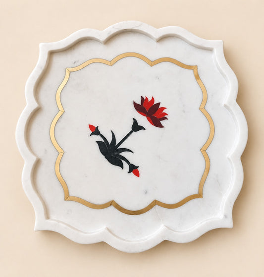 White Marble Floral Inlay Decorative Tray