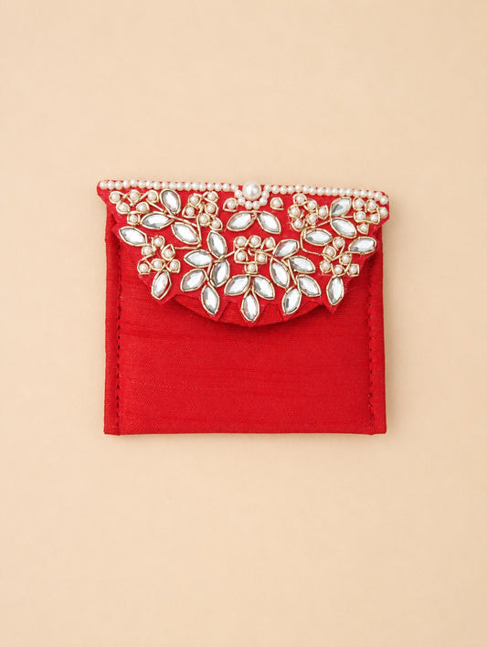 Red Pearl & Crystal Embellished Envelope Clutch