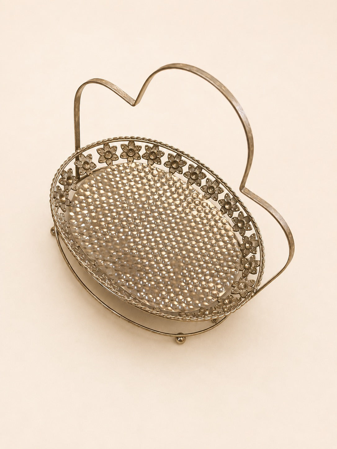 Decorative Silver Metal Serving Basket with Floral Border