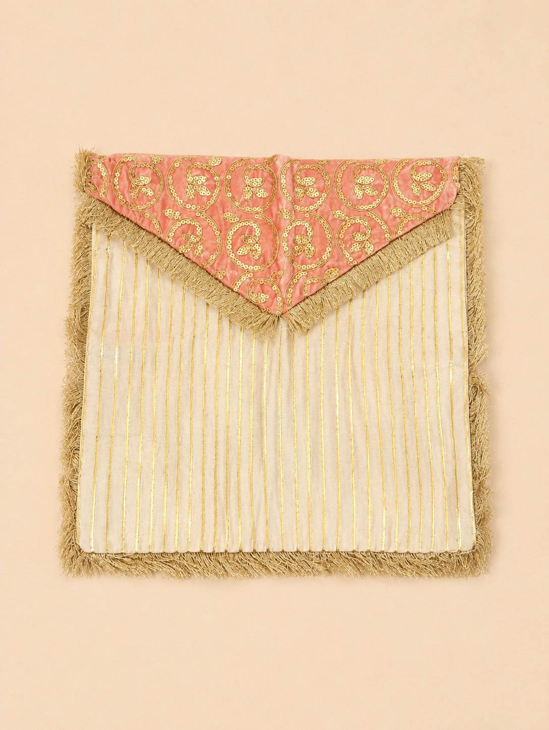 Pink & Gold Embroidered Fringe Envelope Clutch