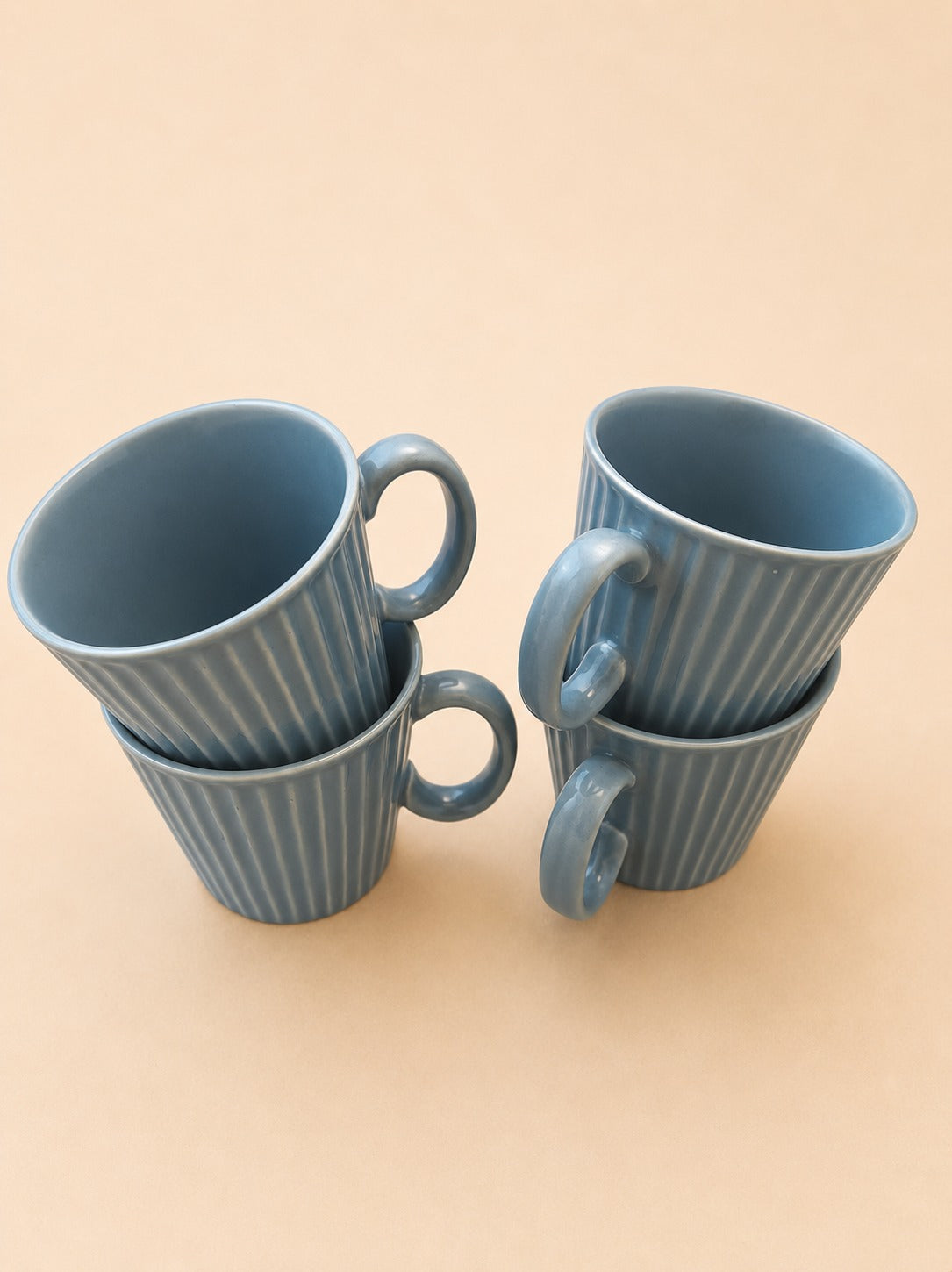 Ribbed Blue Ceramic Coffee Mug Set