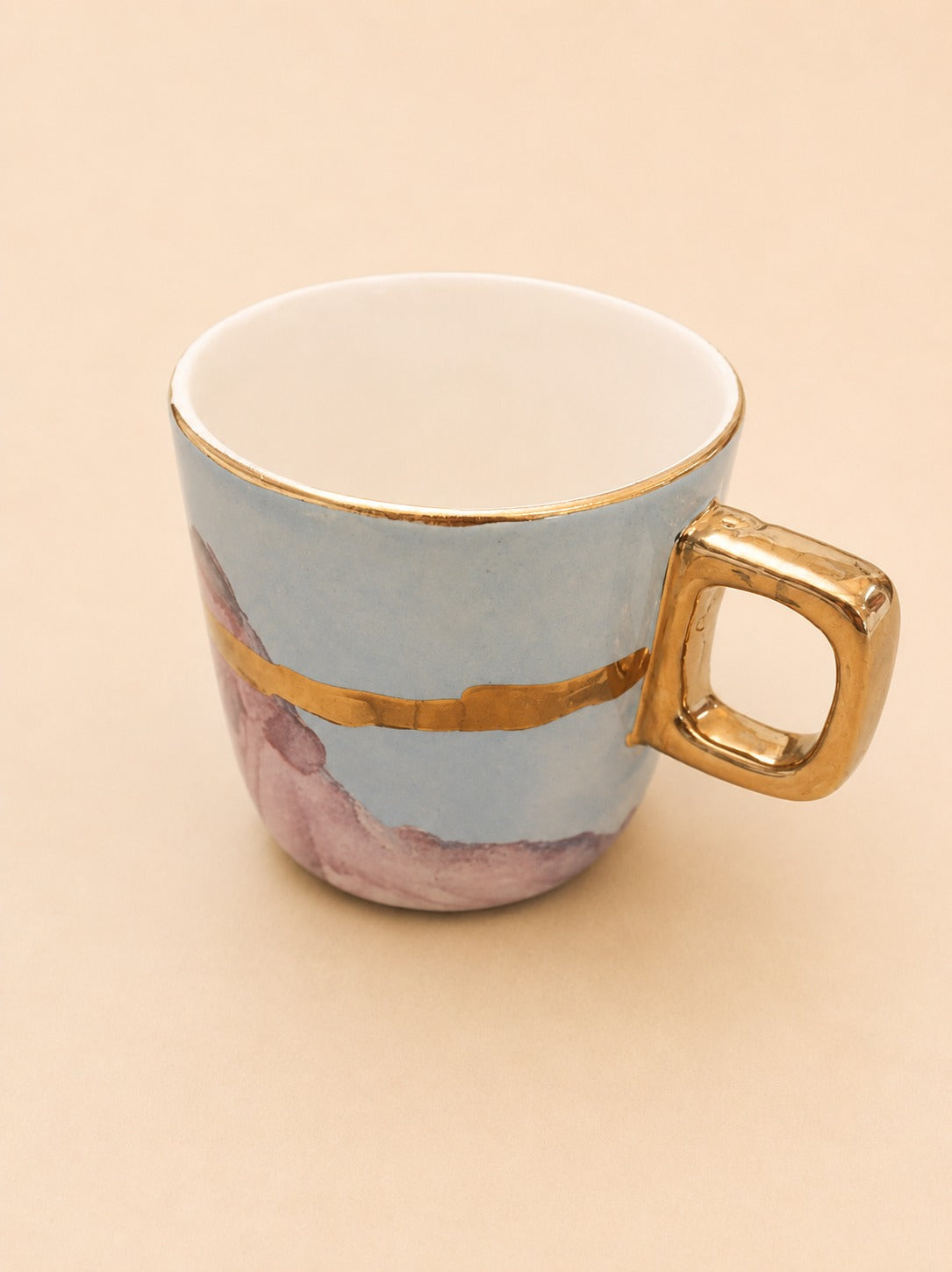 Pastel Blue & Pink Ceramic Mug with Gold Handle