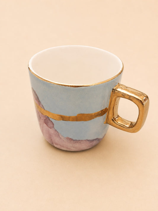 Pastel Blue & Pink Ceramic Mug with Gold Handle