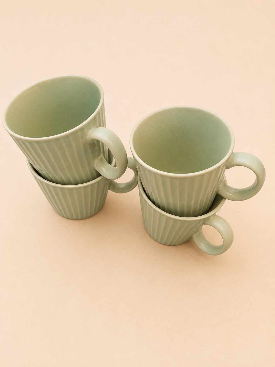Sage Green Ribbed Ceramic Mug Set
